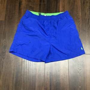 Polo Ralph Lauren Men's Size L Blue Swim Trunks with Lime Green Logo and Lining